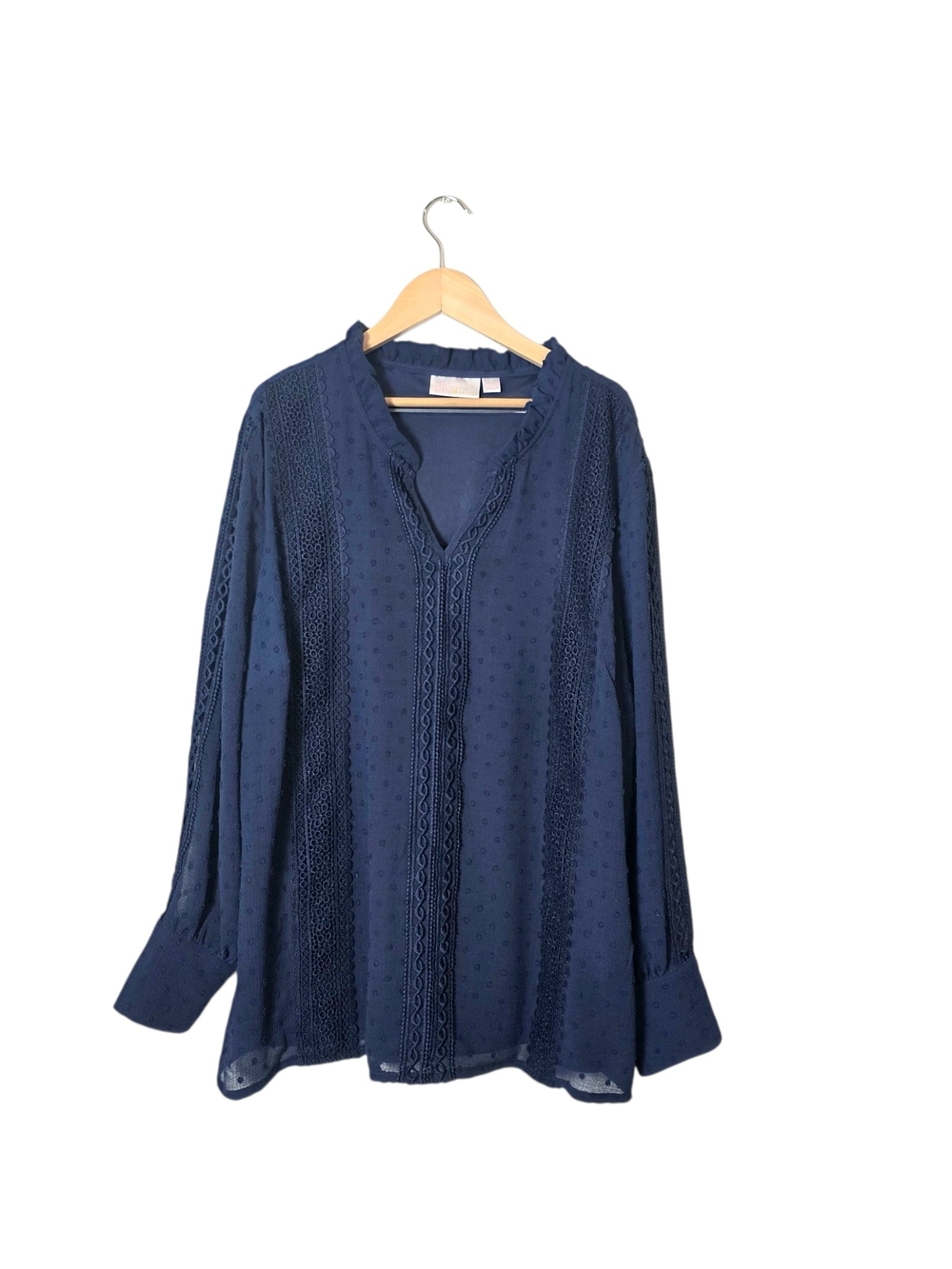 Belle By Kim Gravel Swiss Dot Blouse 1X Blue Lace Trim Office Modest Embroidered